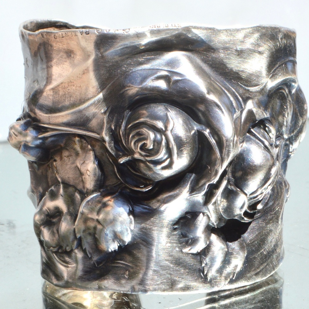 Rose Floral Rare Antique Solid Sterling Silver 925 Wide Cuff Wedding Bridal - Picture 5 of 8